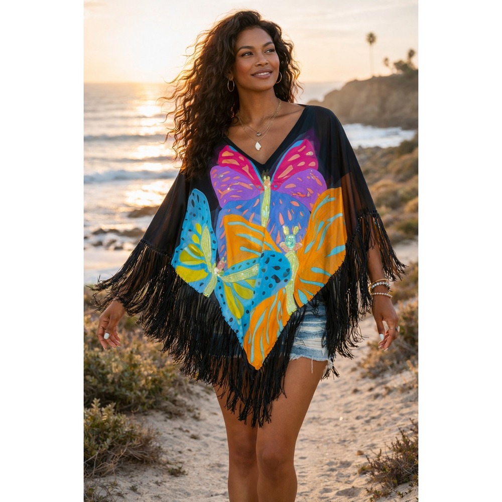 Bella Terra Butterfly Fringe Poncho Sheer Black Boho Festival Statement Y2K